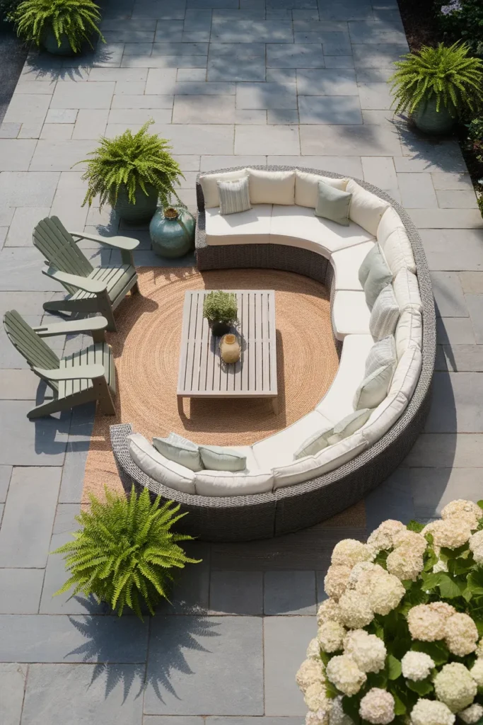 Outdoor furniture layout on a flagstone patio with a wicker sectional and chairs