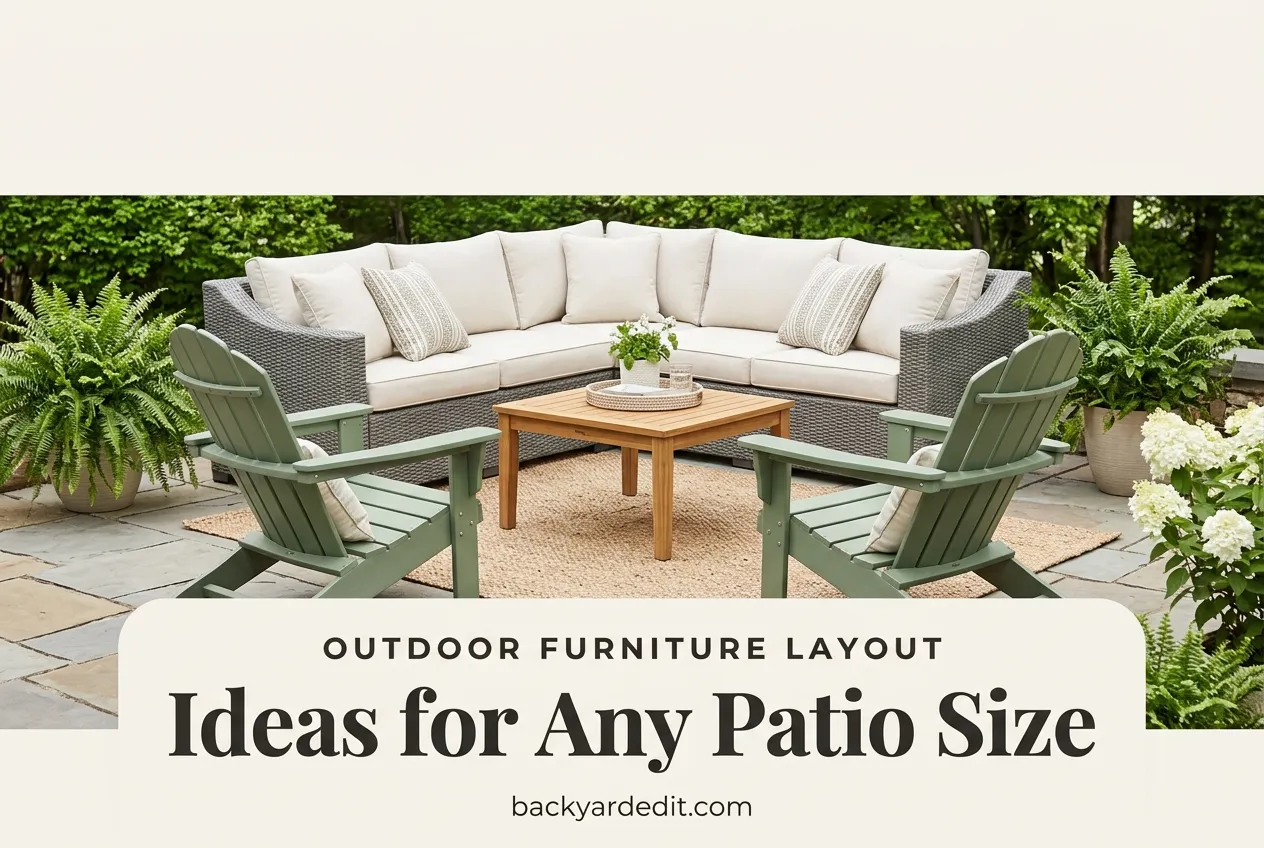 Outdoor furniture layout pin with a styled flagstone patio, sectional, and chairs