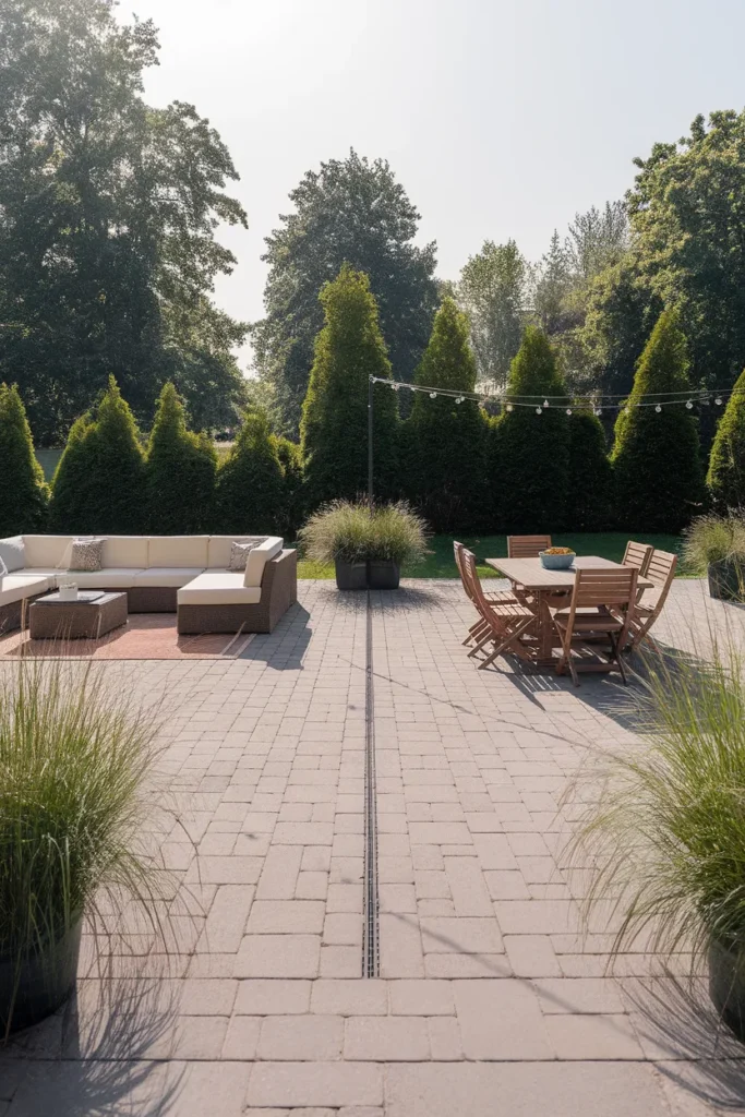 Outdoor furniture layout with a zoned lounge area and dining area on one patio