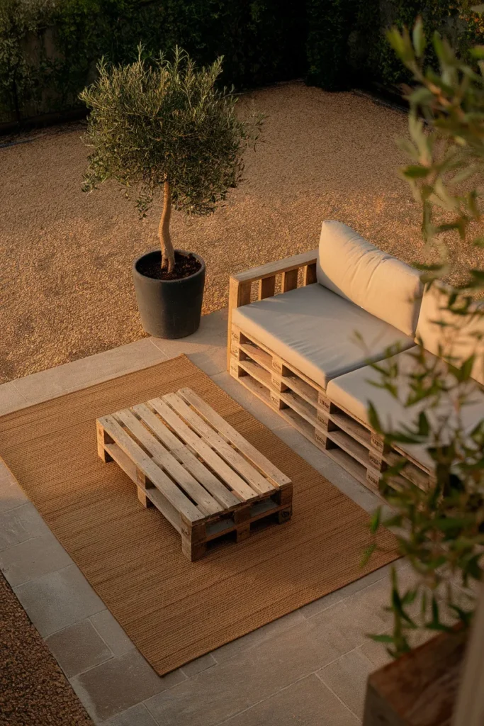 Outdoor pallet furniture anchored on a rug over gravel instead of floating on grass