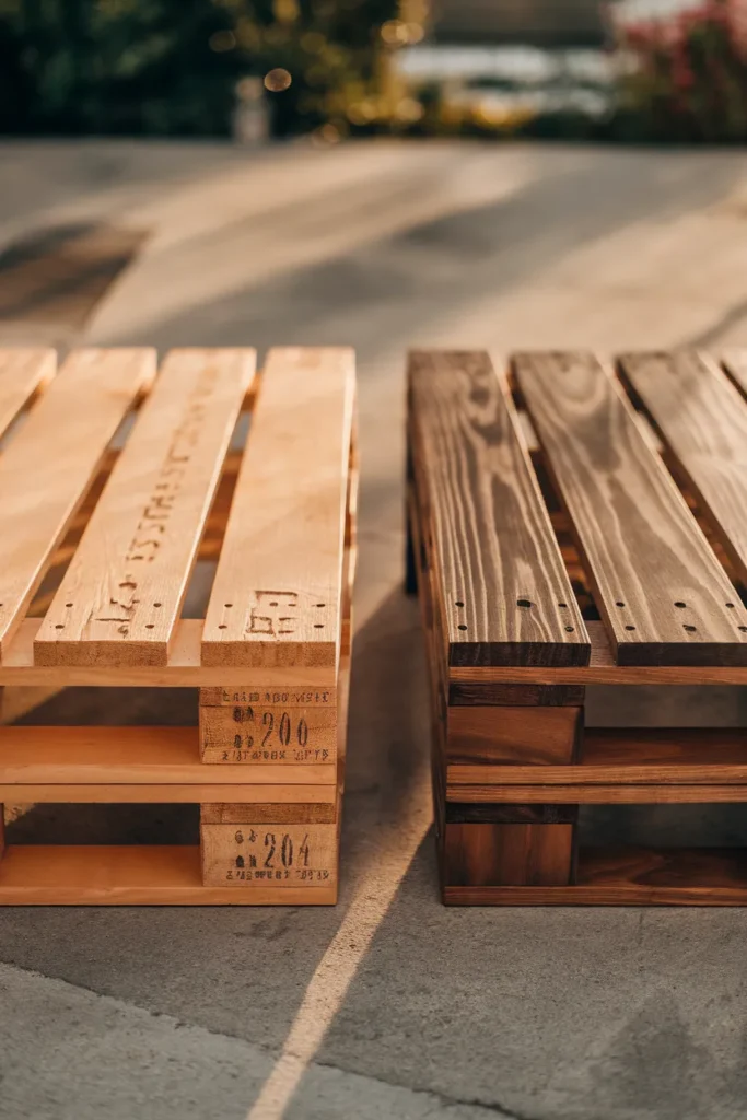 Outdoor pallet furniture comparison showing raw pallet wood beside a stained finished base