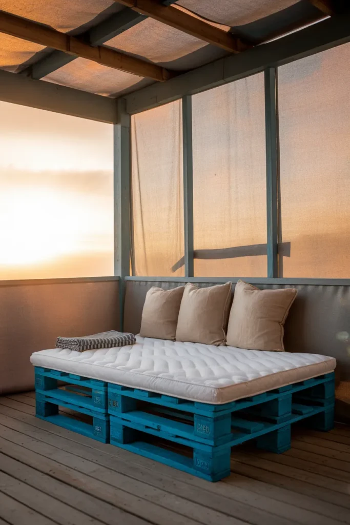 Outdoor pallet furniture daybed with waterproof mattress and bolsters on a covered porch