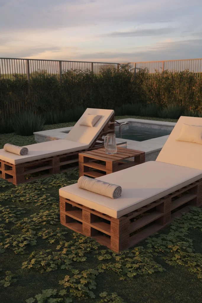 Outdoor pallet furniture loungers with cream cushions beside a small backyard pool
