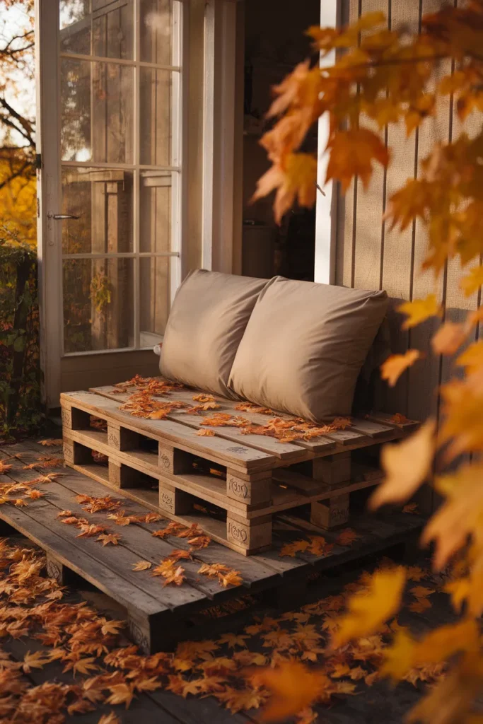 Outdoor pallet furniture prepared for winter storage with cushions removed in early fall