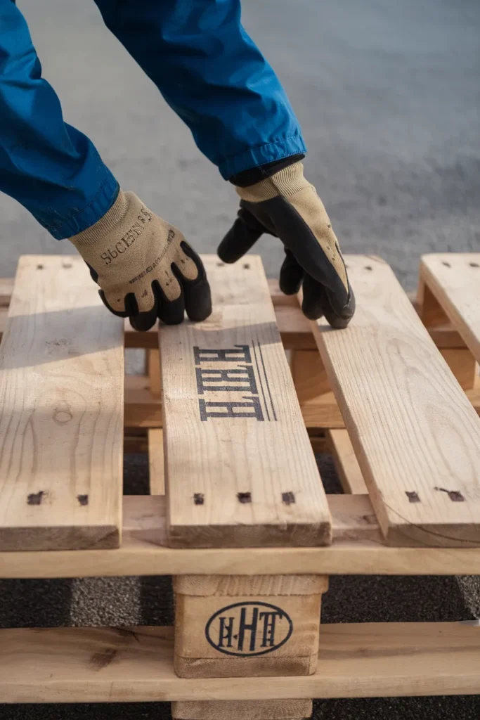 Outdoor pallet furniture safety check showing the HT heat treated stamp on a pallet stringer