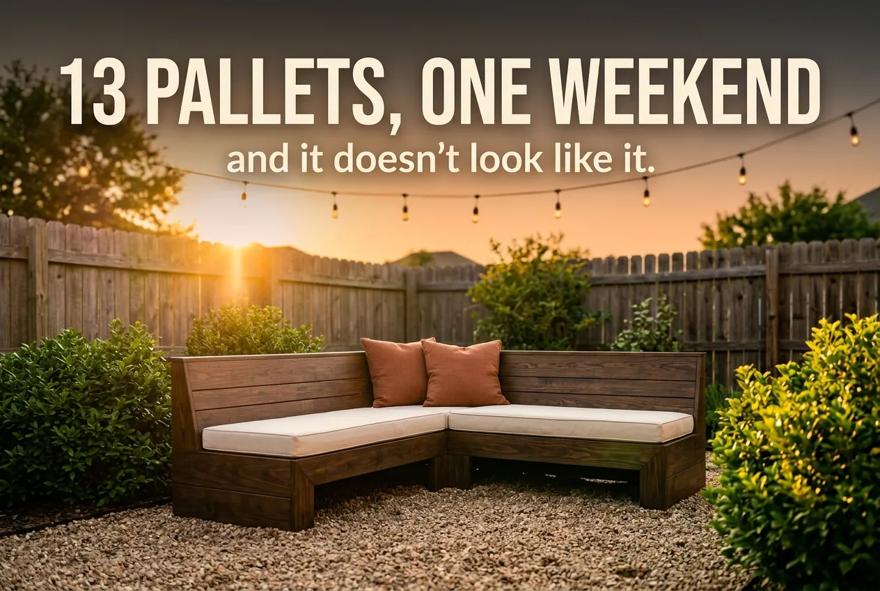 Outdoor pallet furniture sofa with cream cushions at golden hour and bold overlay text