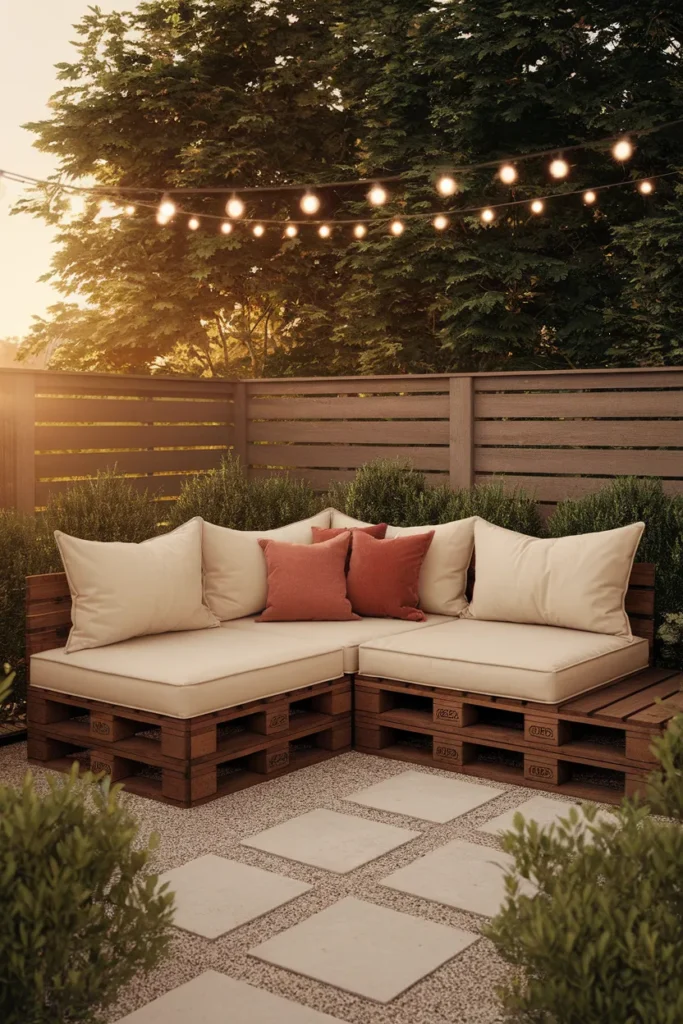 Outdoor pallet furniture styled as an L-shaped sofa with cream cushions at golden hour