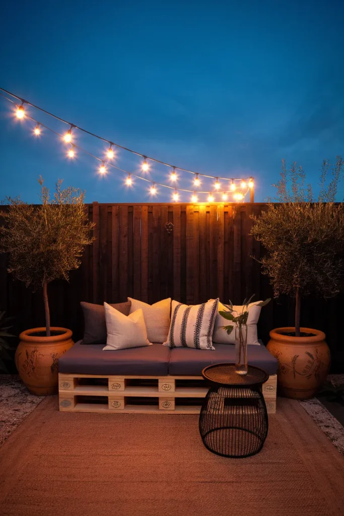 Outdoor pallet furniture styled with a rug, planters, and string lights at dusk
