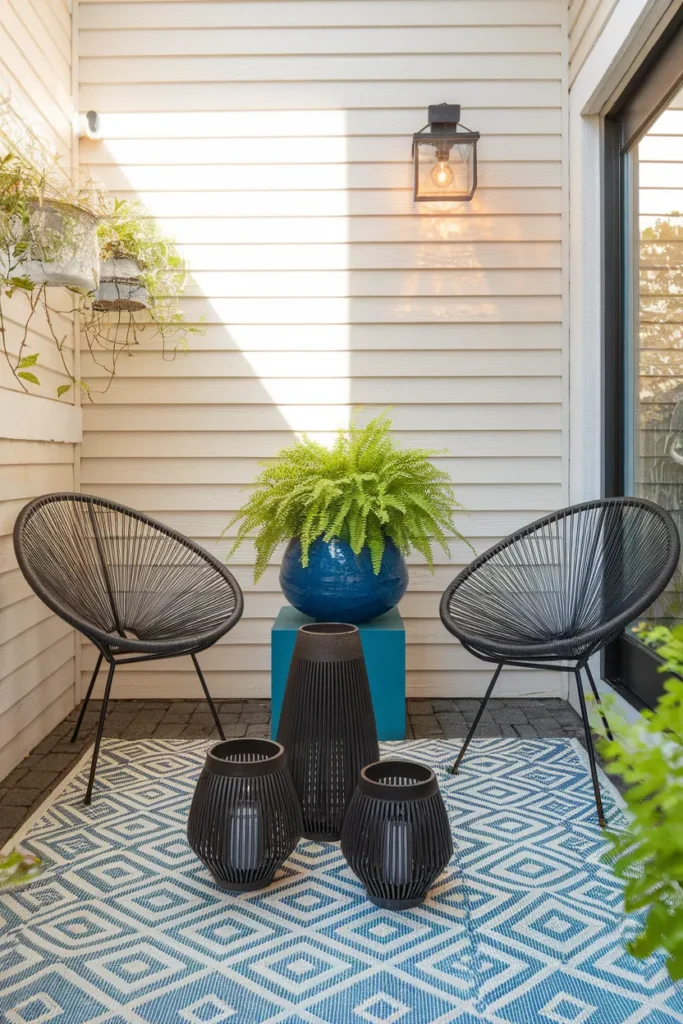Outdoor rug and lantern focal point defining a small patio furniture layout