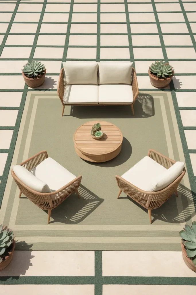 Overhead patio furniture layout showing 3-2-1 spacing between sofa, chairs, and table
