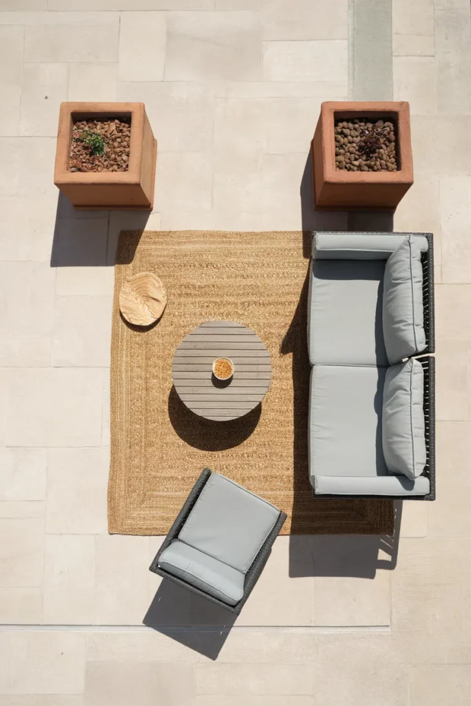 Overhead small patio furniture layout plan for an 8x10 space with rug