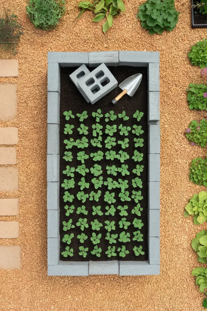 Overhead view of a 4x8 cinderblock raised garden bed layout with seedlings