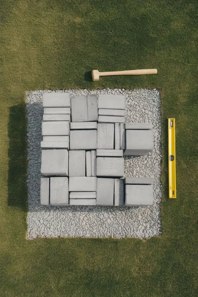 Overhead view of cinder block fire pit layout showing 24 blocks in a three foot square