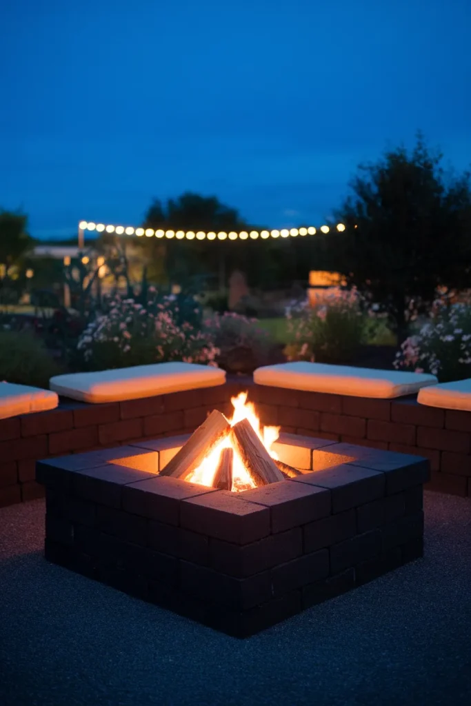 Painted cinder block fire pit with cap seating ledge and matching block bench at dusk