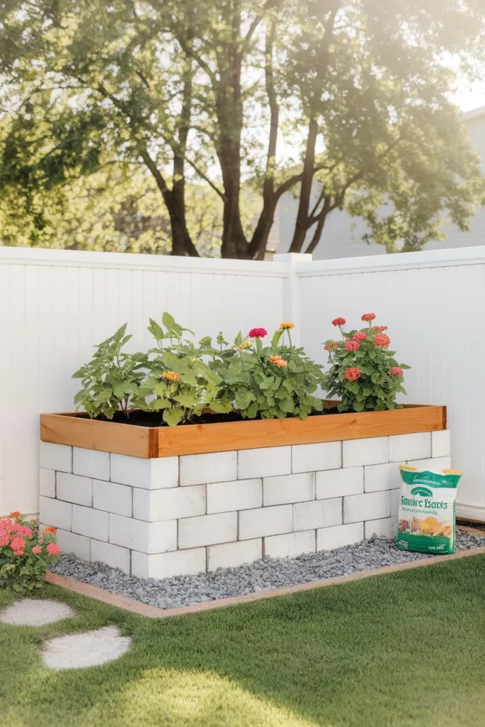 Painted cinderblock raised garden bed with cedar cap rail and flowers