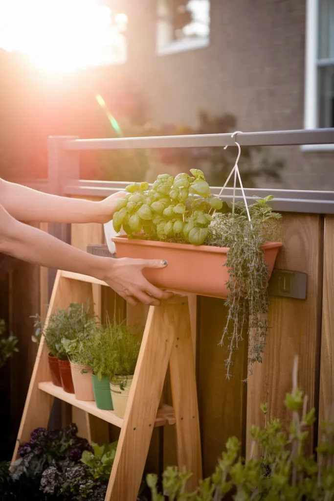 Patio decorating ideas townhouse style, hanging a rail planter of herbs on a no-drill fence hook