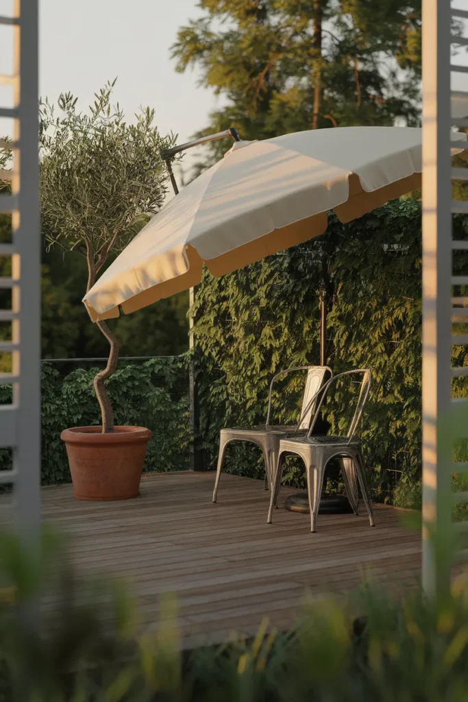 Patio layout oriented to afternoon shade with a tilted umbrella over a bistro set
