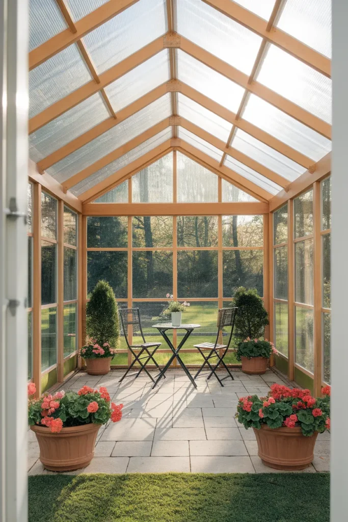 Patio roof ideas DIY wood frame with clear polycarbonate panels glowing over a bistro patio set
