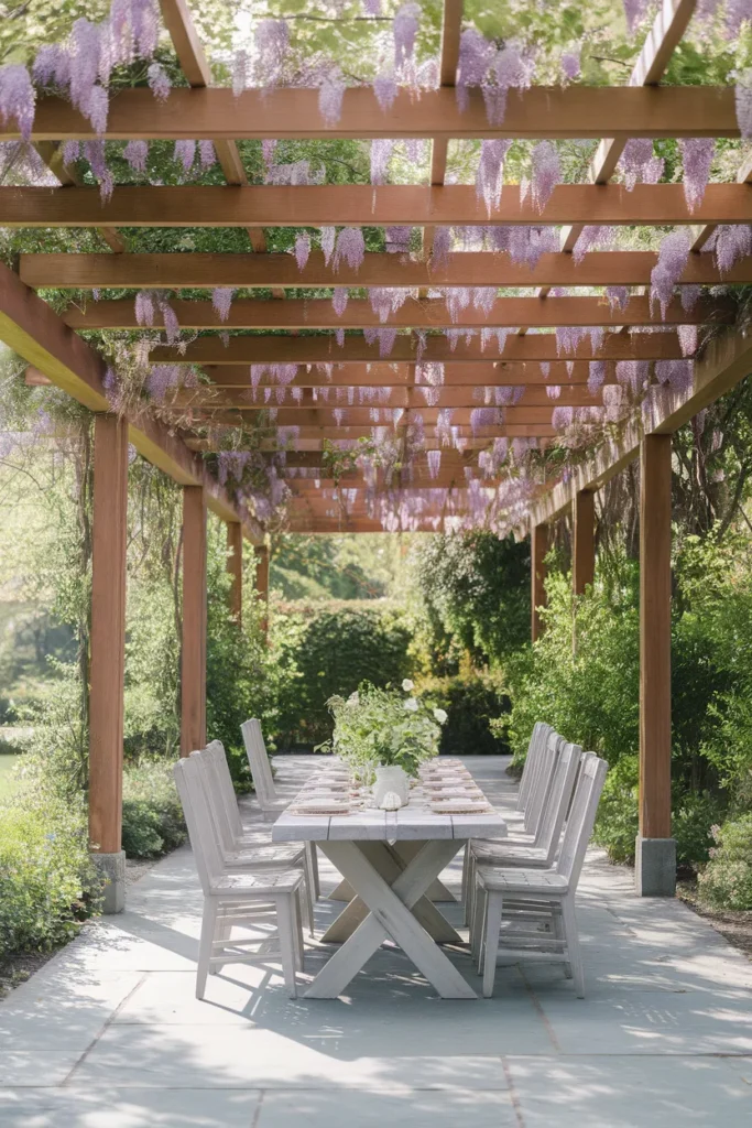 Patio roof ideas cedar pergola draped in wisteria casting dappled shade over a bluestone dining patio