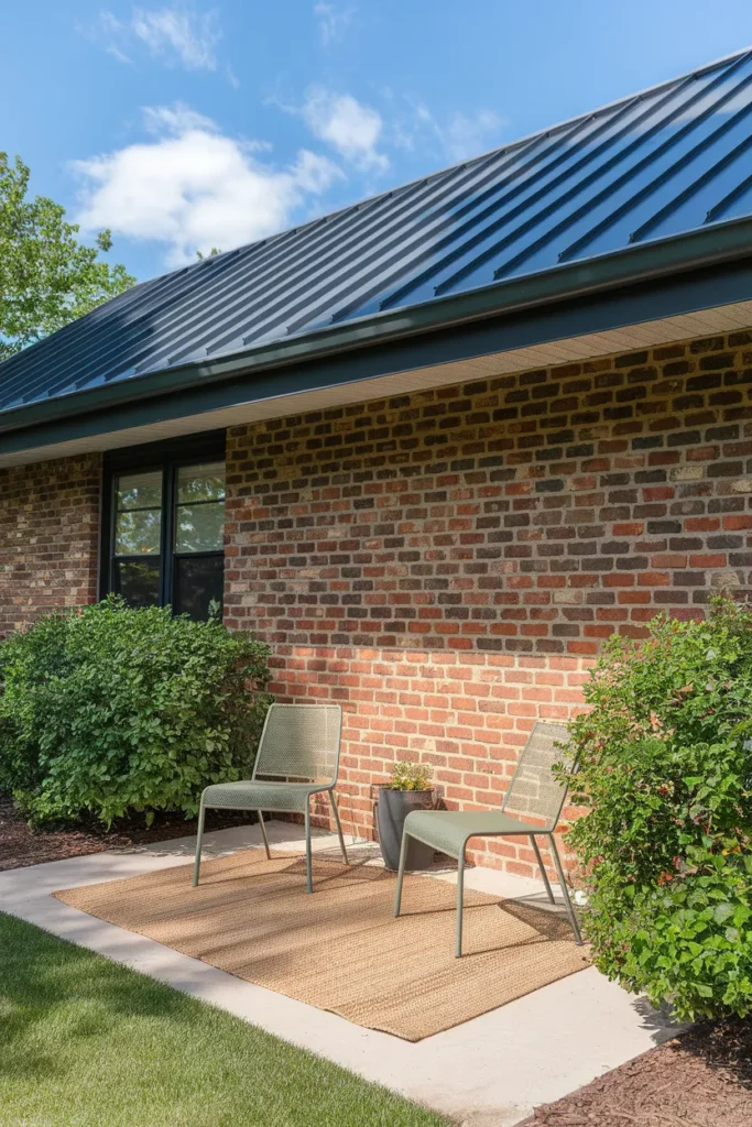 Patio roof ideas featuring a steel lean-to patio cover on a brick ranch shading a small seating area