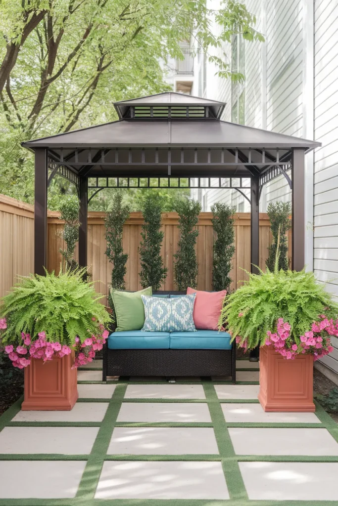 Patio roof ideas for renters freestanding hardtop gazebo sheltering a small apartment patio seating area