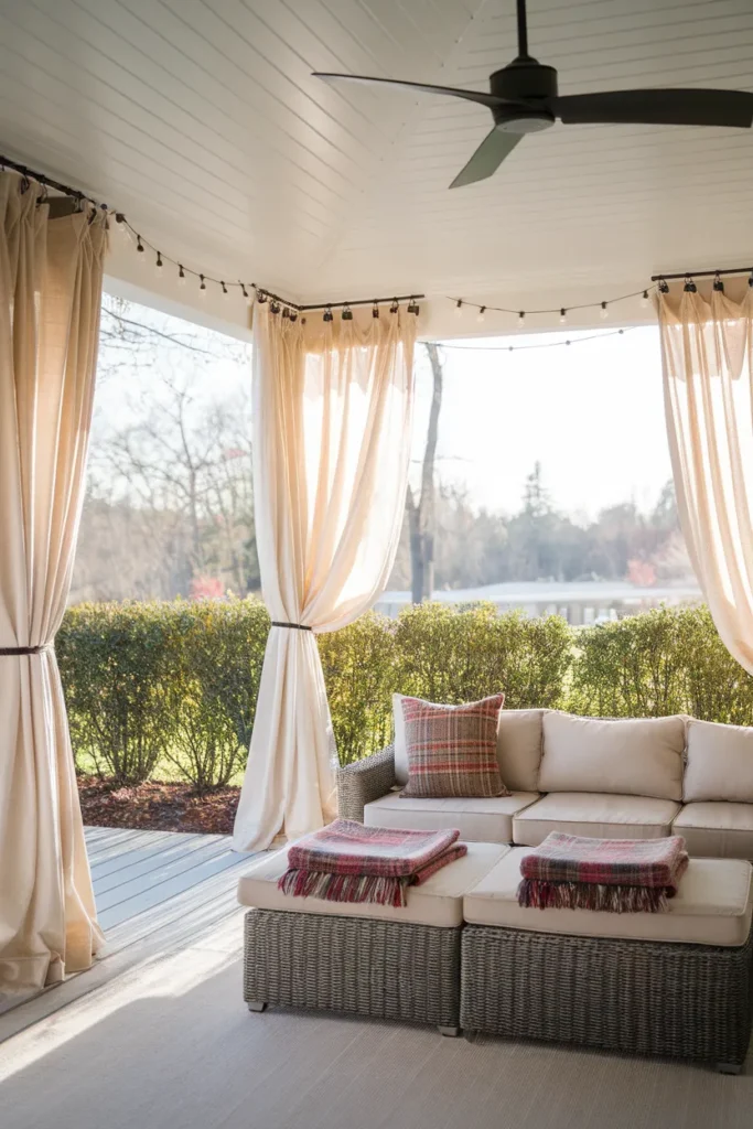 Patio roof ideas for year-round use covered patio with curtains, cafe lights, and throws for fall