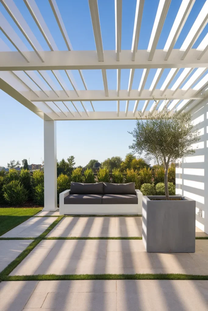 Patio roof ideas louvered pergola with half-open slats striping sunlight across a paver patio
