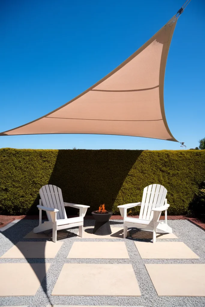 Patio roof ideas on a budget taut sand shade sail cooling a gravel patio with white Adirondack chairs