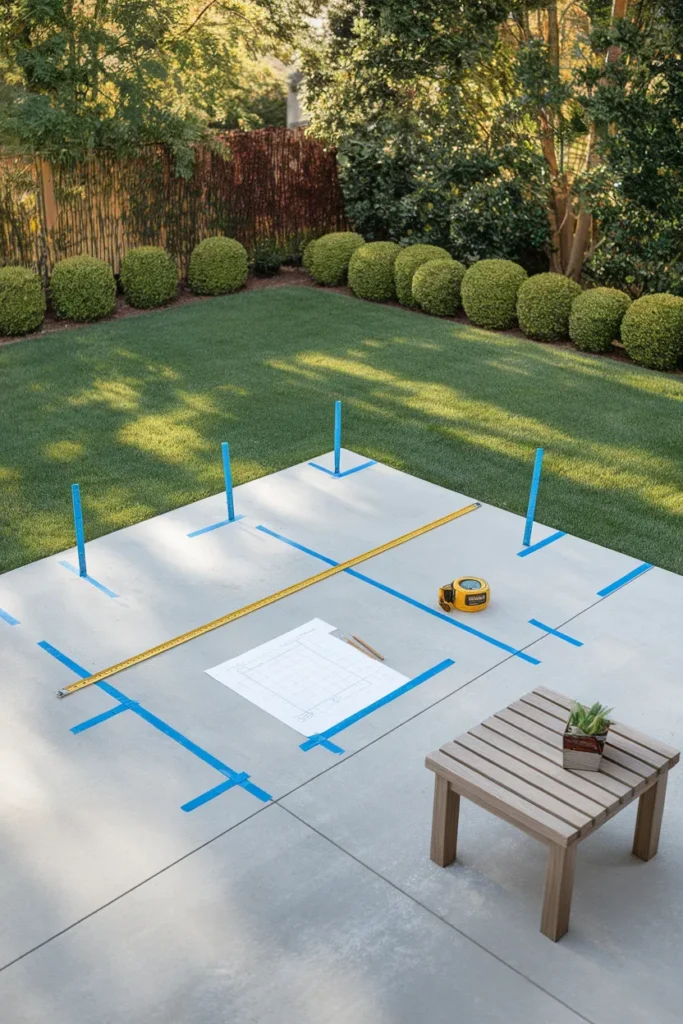 Patio roof ideas planning stage with tape measure and painter's tape marking post spots on a concrete slab