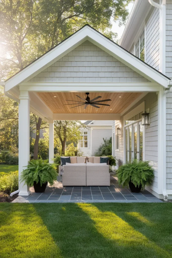 Patio roof ideas shed roofline extension with wood ceiling and fan over a craftsman back patio