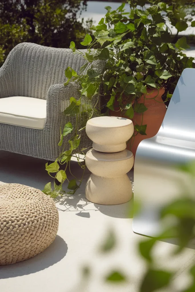 Patio seating arrangement mixing wicker, aluminum, and a low pouf at different heights