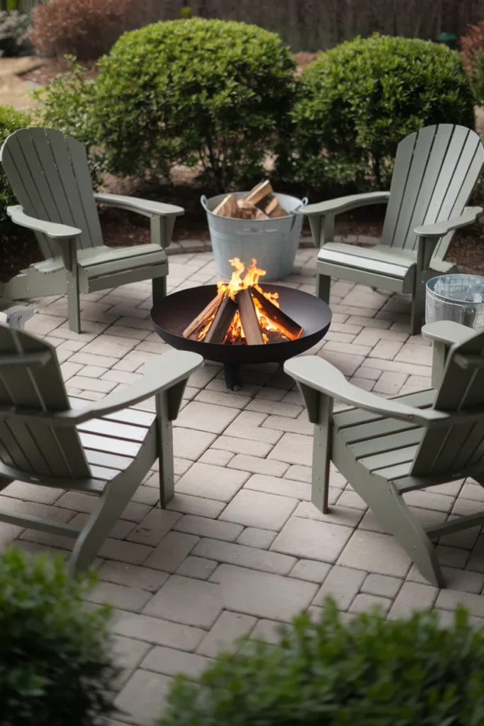 Patio seating arrangement with Adirondack chairs angled around a fire pit anchor