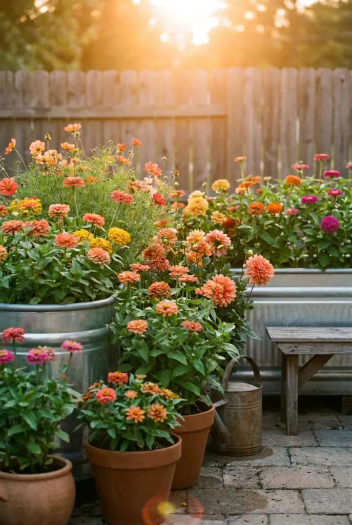 Peak-season cut flower container garden in golden hour with dahlias and zinnias