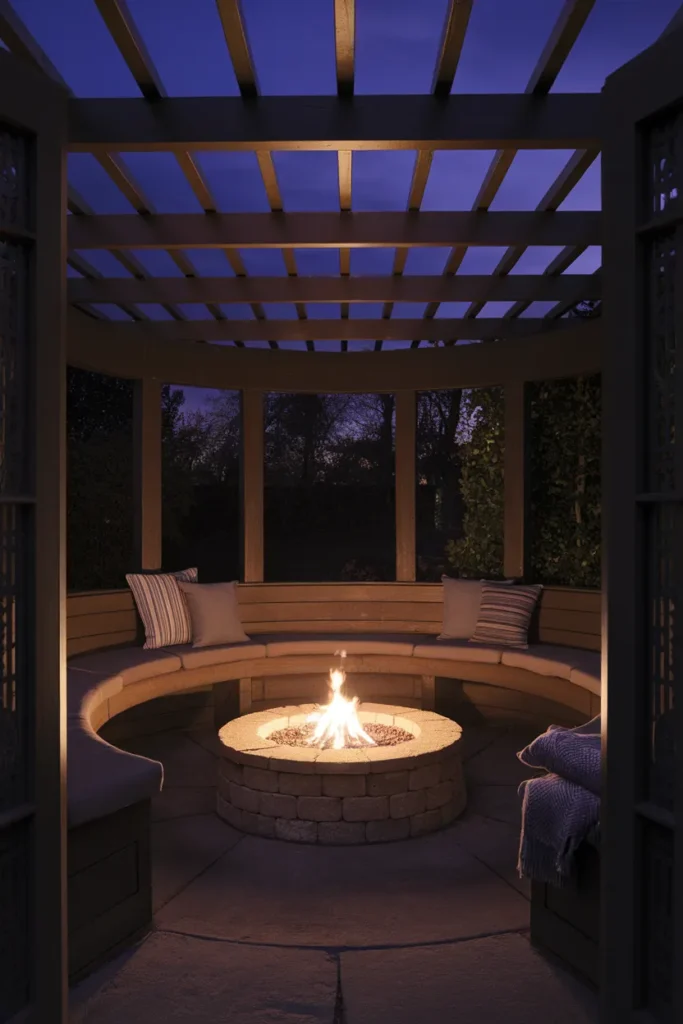 Pergola with fire pit ideas showing curved built in bench seating around a low stone pit
