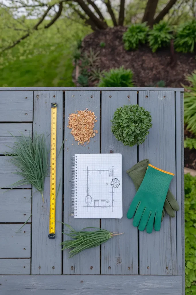 Planning low maintenance front yard landscaping ideas with a sketch, tape measure, and gravel