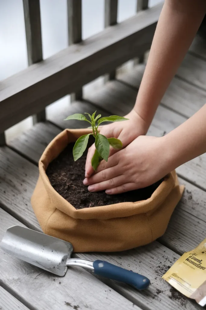 Planting a pepper seedling in a fabric grow bag for a balcony vegetable garden