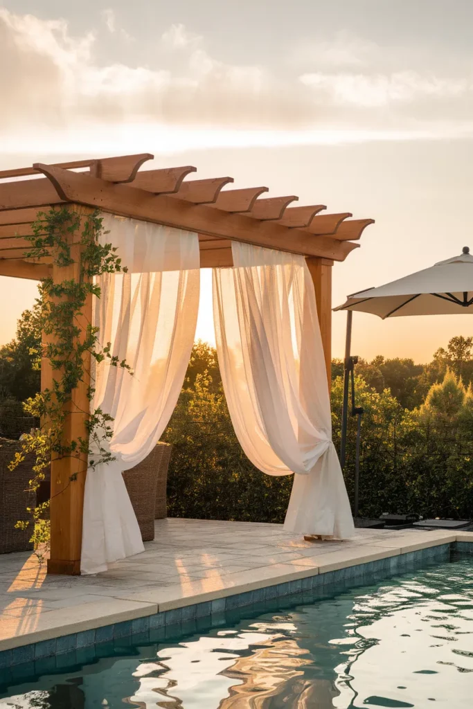 Pool patio idea for shade pergola with white curtains and cantilever umbrella beside the water