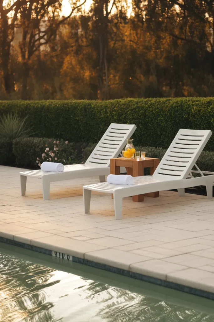 Pool patio ideas cabana row matching chaise loungers with rolled white towels and a drink tray