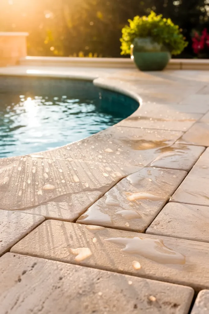 Pool patio ideas detail of cool travertine pavers and pool coping with water droplets at golden hour