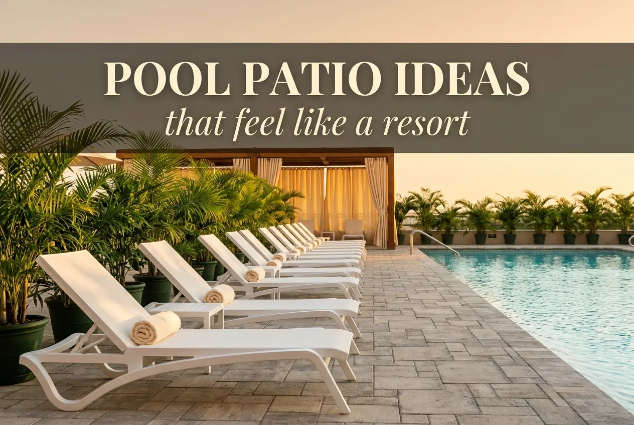 Pool patio ideas featured pin resort style loungers and pool at golden hour with bold title overlay