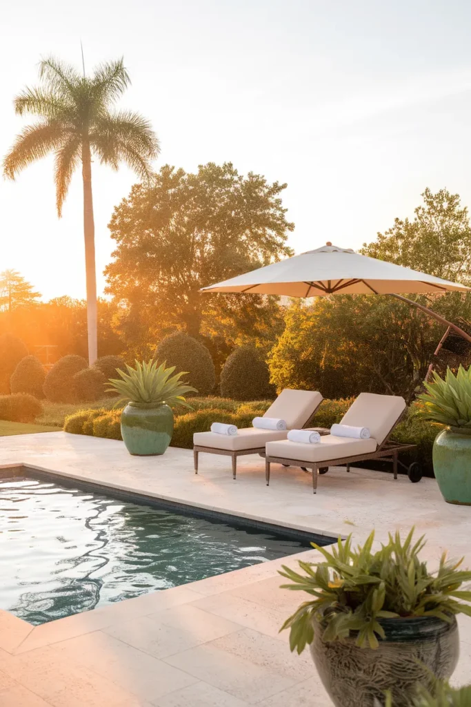 Pool patio ideas hero resort style backyard pool at golden hour with travertine deck and white loungers
