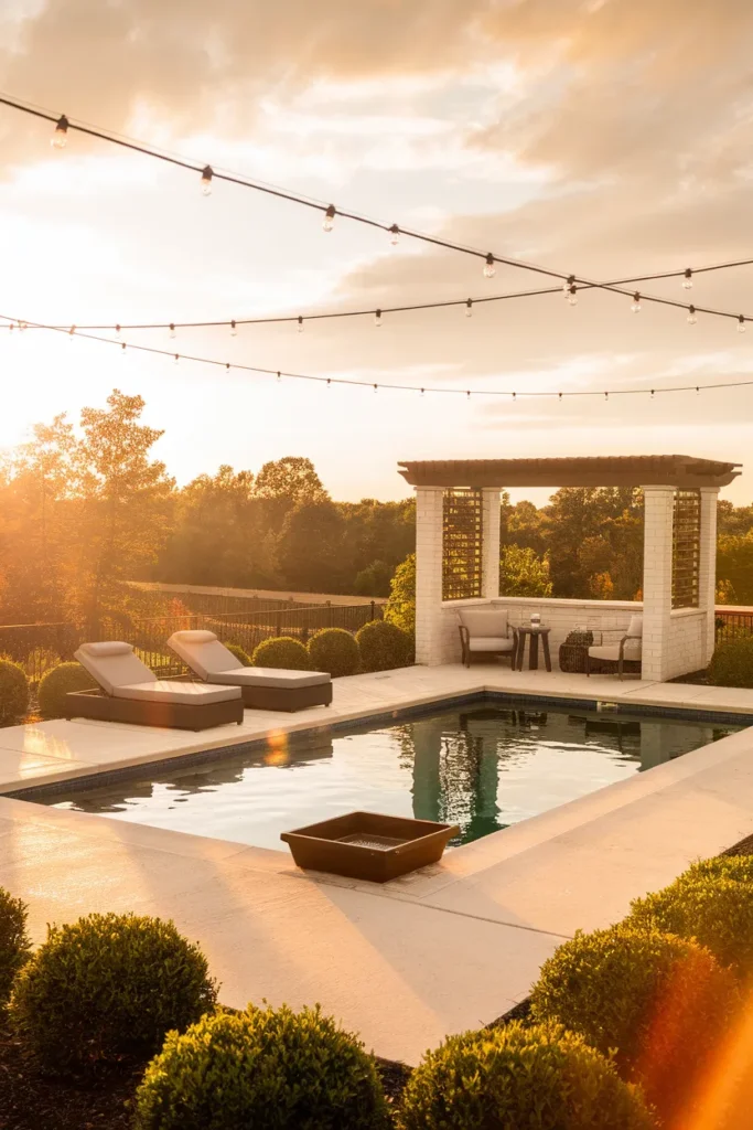Pool patio ideas layout showing lounge, shade, sip, and glow zones arranged around a backyard pool
