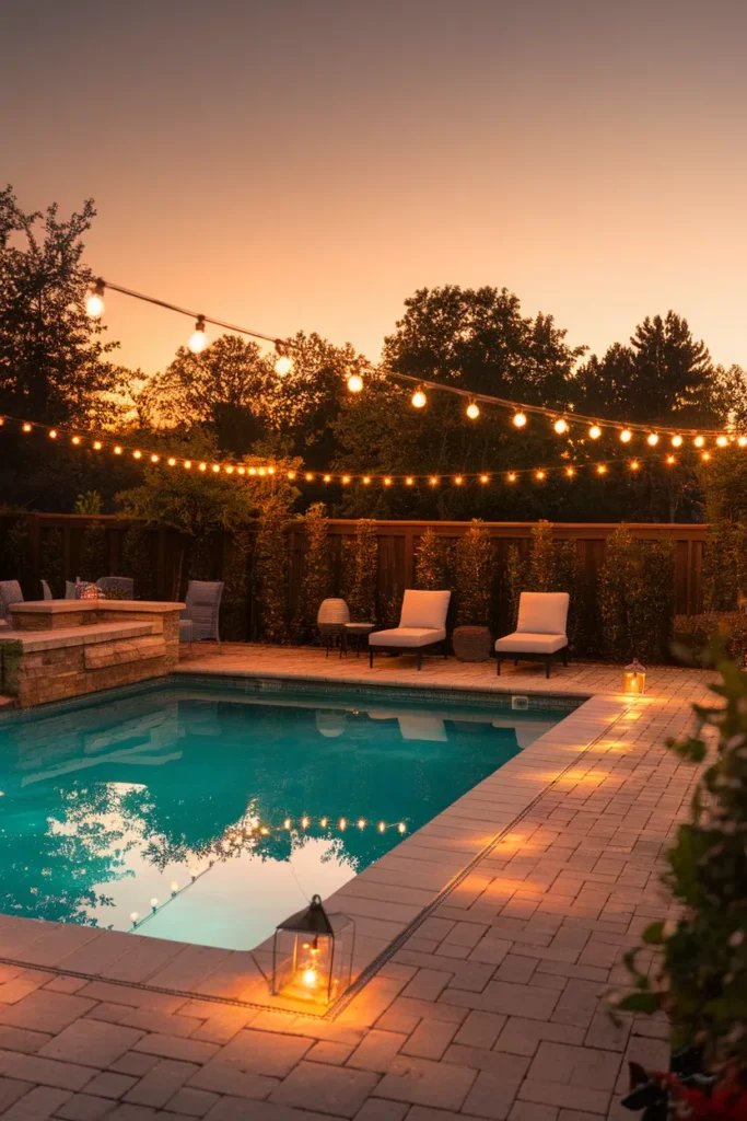 Pool patio ideas lighting string lights and path lights glowing over the water at dusk