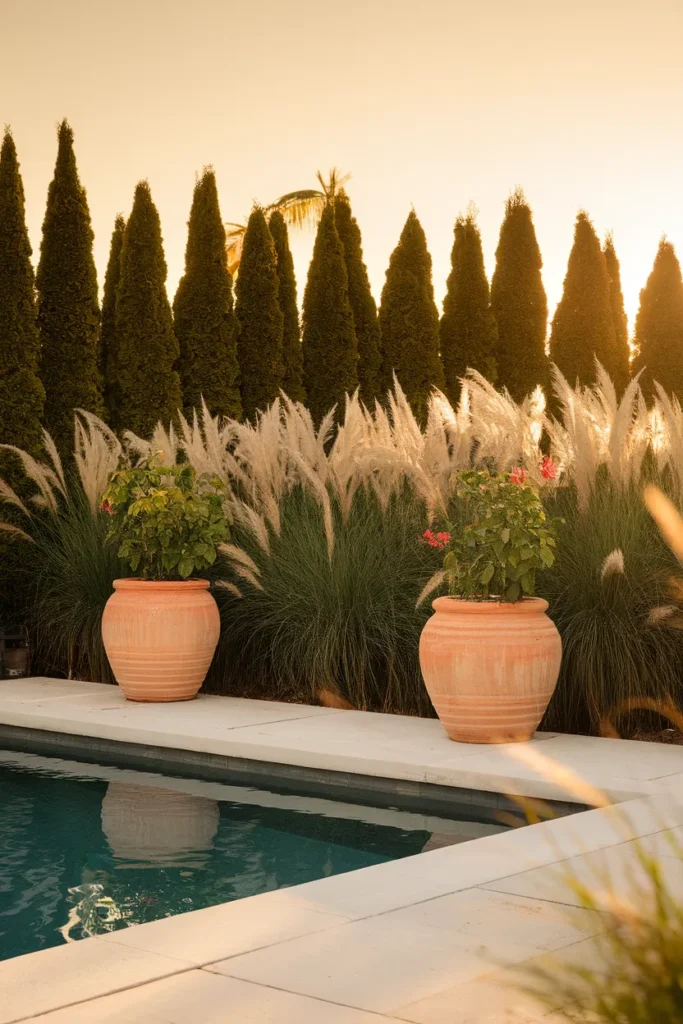 Pool patio privacy idea ornamental grasses and arborvitae hedge framing a quiet pool corner
