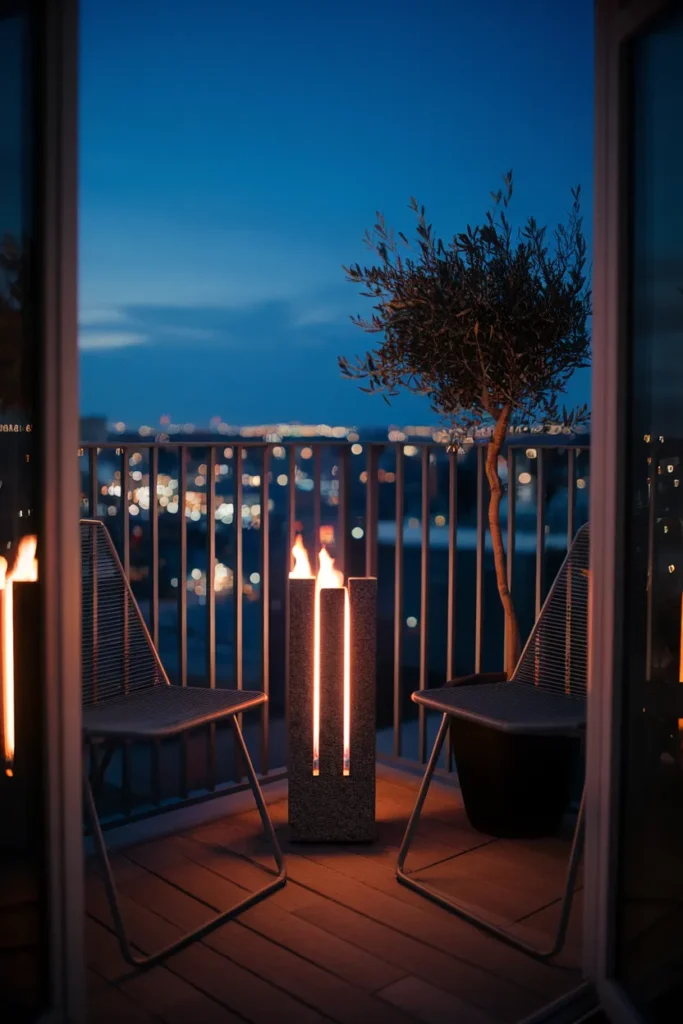 Propane fire pit column on a small balcony tucked between two chairs