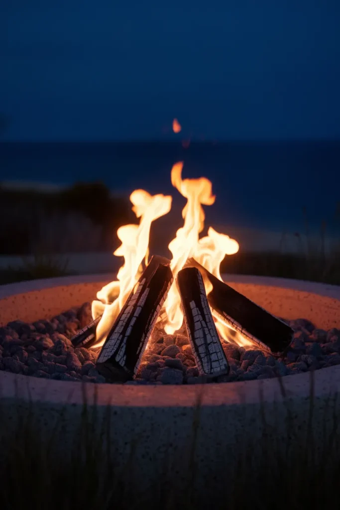 Propane fire pit flames rising through lava rock in a round concrete fire bowl