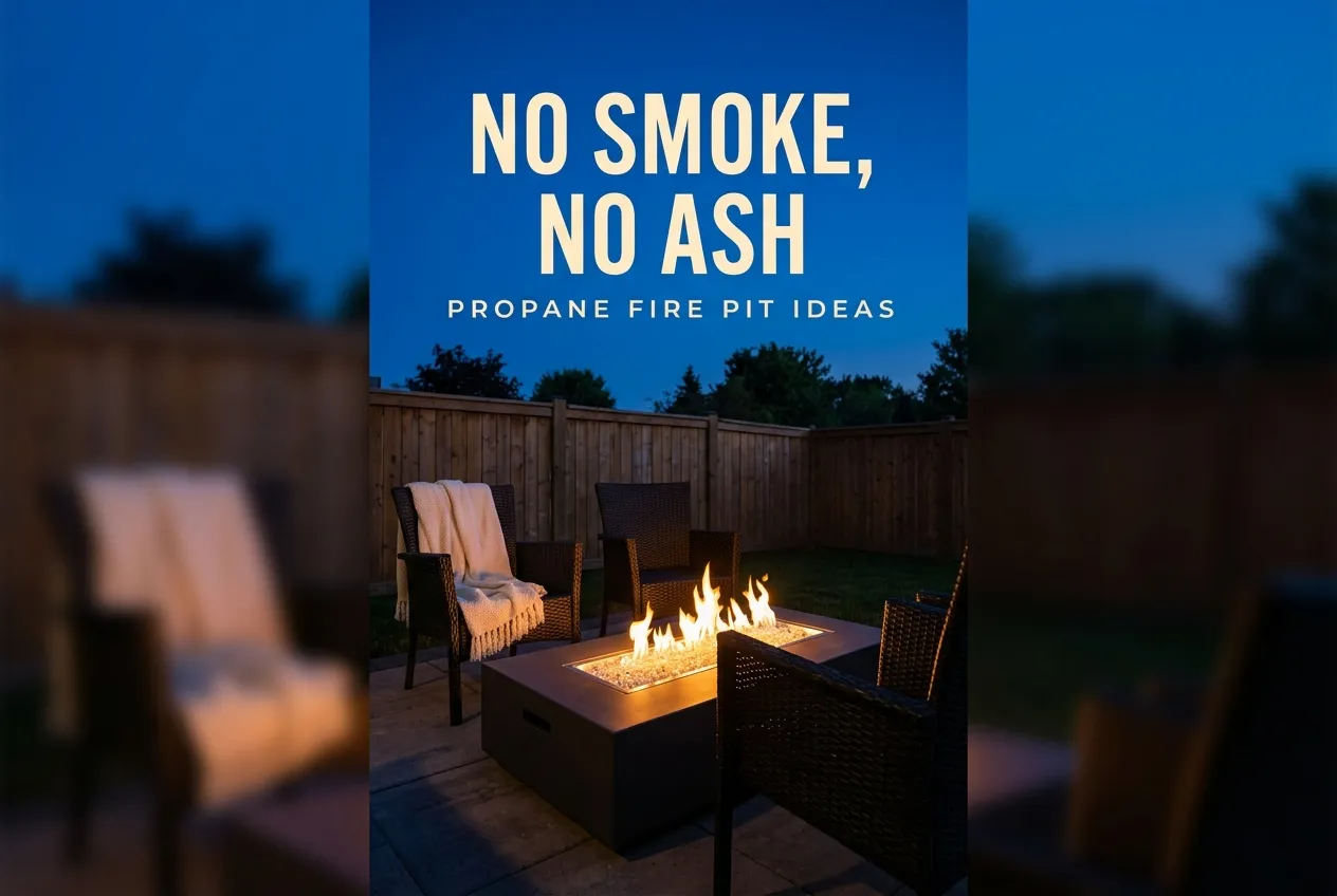 Propane fire pit ideas pin, fire table glowing at blue hour with bold overlay title