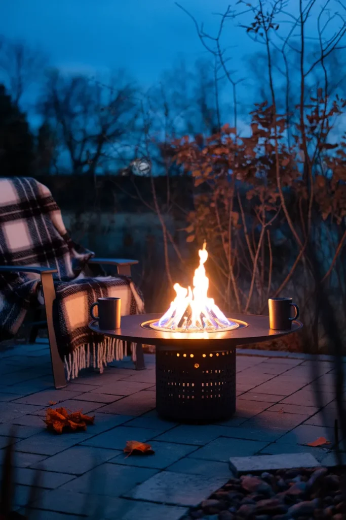 Propane fire pit lit on a patio in late fall with blankets and bare branches