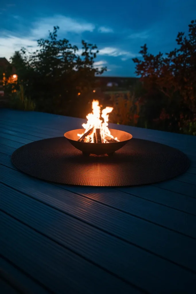 Propane fire pit on deck sitting on a protective heat mat over composite boards