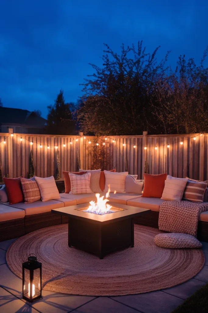 Propane fire pit seating area styled with string lights, throws and textured cushions